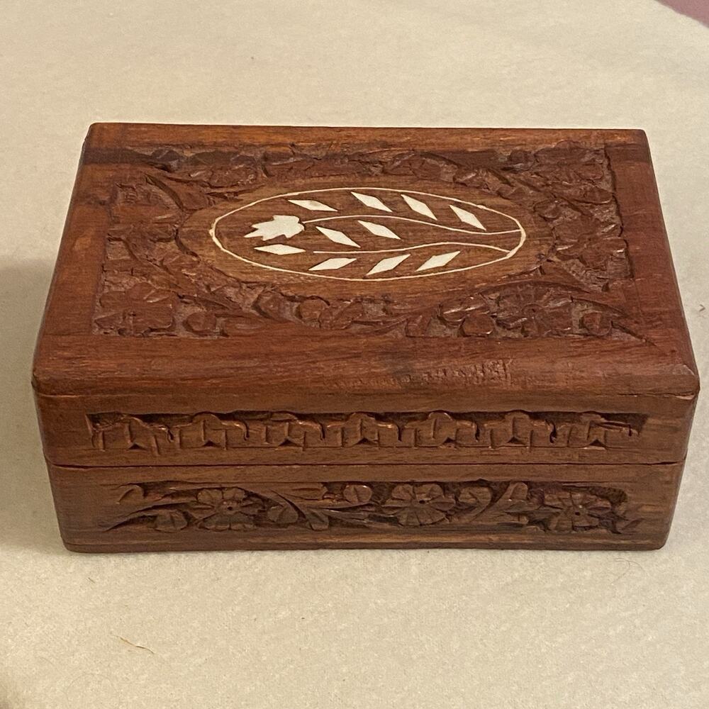 Vintage Hand Carved Wooden Box w/ Leaf Inlay & Red Velvet Lining Handmade